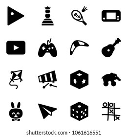 Solid vector icon set - play vector, chess queen, badminton, game console, playback, joystick, boomerang, guitar, kite, xylophone, cube toy, elephant wheel, rabbit, paper plane, bones, Tic tac toe