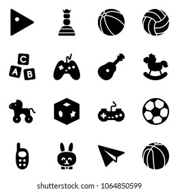 Solid vector icon set - play vector, chess queen, ball, volleyball, abc cube, joystick, guitar, rocking horse, wheel, toy, gamepad, soccer, phone, rabbit, paper plane, basketball