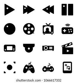 Solid vector icon set - play vector, fast forward, backward, pause, record, film coil, tv news, joystick wireless, game console, surveillance camera, projector, movie flap, button, gamepad