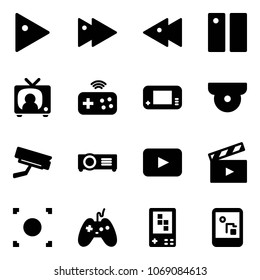 Solid vector icon set - play vector, fast forward, backward, pause, tv news, joystick wireless, game console, surveillance camera, projector, playback, movie flap, record button