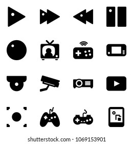 Solid vector icon set - play vector, fast forward, backward, pause, record, tv news, joystick wireless, game console, surveillance camera, projector, playback, button, gamepad