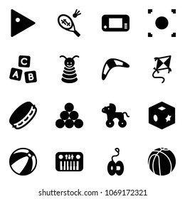 Solid vector icon set - play vector, badminton, game console, record button, abc cube, pyramid toy, boomerang, kite, tambourine, billiards balls, wheel horse, beach ball, piano, yoyo, basketball
