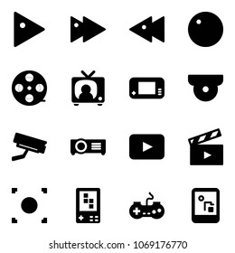 Solid vector icon set - play vector, fast forward, backward, record, film coil, tv news, game console, surveillance camera, projector, playback, movie flap, button, gamepad