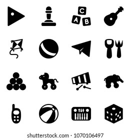 Solid vector icon set - play vector, pawn, abc cube, guitar, kite, ball, paper plane, shovel fork toy, billiards balls, wheel horse, xylophone, elephant, phone, beach, piano, bones