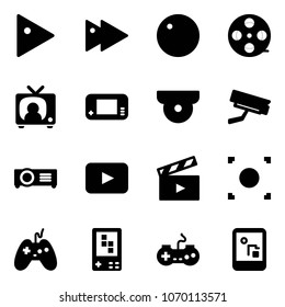 Solid vector icon set - play vector, fast forward, record, film coil, tv news, game console, surveillance camera, projector, playback, movie flap, button, joystick, gamepad