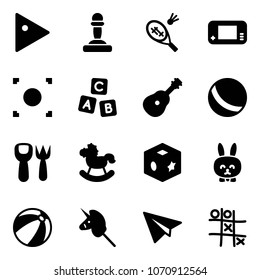 Solid vector icon set - play vector, pawn, badminton, game console, record button, abc cube, guitar, ball, shovel fork toy, rocking horse, rabbit, beach, unicorn stick, paper plane, Tic tac toe