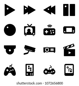 Solid vector icon set - play vector, fast forward, backward, pause, record, tv news, joystick wireless, game console, surveillance camera, projector, movie flap, gamepad