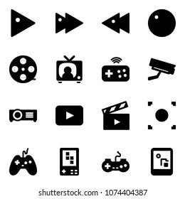 Solid vector icon set - play vector, fast forward, backward, record, film coil, tv news, joystick wireless, surveillance camera, projector, playback, movie flap, button, game console, gamepad