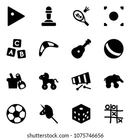 Solid vector icon set - play vector, pawn, badminton, record button, abc cube, boomerang, guitar, ball, shovel bucket, wheel horse, xylophone, elephant, soccer, toy unicorn stick, bones, Tic tac toe