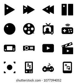Solid vector icon set - play vector, fast forward, backward, pause, record, film coil, tv news, joystick wireless, game console, projector, playback, movie flap, button, gamepad