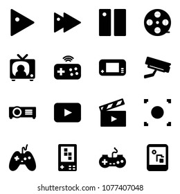 Solid vector icon set - play vector, fast forward, pause, film coil, tv news, joystick wireless, game console, surveillance camera, projector, playback, movie flap, record button, gamepad