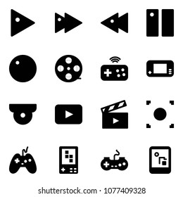Solid vector icon set - play vector, fast forward, backward, pause, record, film coil, joystick wireless, game console, surveillance camera, playback, movie flap, button, gamepad