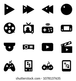 Solid vector icon set - play vector, fast forward, backward, record, film coil, tv news, joystick wireless, game console, surveillance camera, projector, playback, movie flap, gamepad
