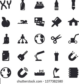 Solid vector icon set - plum flat vector, paint brush, lawn mower, earth, magnet, glass bottles, credit card, chromosomes, drawing pin, reading lamp, tie, hierarchy, swimming, water, pool, tent, key