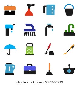 solid vector icon set - plunger vector, fetlock, bucket, car, toilet brush, water tap, kettle, measuring cup, grater, case, umbrella, supply, basket