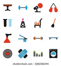 solid vector icon set - plunger vector, cleaner trolley, broom, cook press, barbell, boxing glove, skateboard, disk, microphone, antenna, equalizer, vial, patch, table, washer