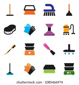 solid vector icon set - plunger vector, vacuum cleaner, fetlock, mop, sponge, car, rubber glove, spatula, double boiler