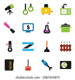 solid vector icon set - plunger vector, scoop, sink, pan, measuring cup, spatula, toaster, blender, thermometer, telescope, monitor dollar, gymnast rings, flask, heating
