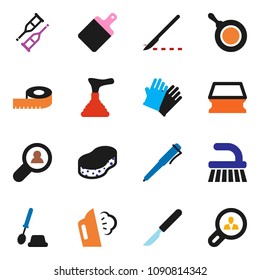 solid vector icon set - plunger vector, fetlock, sponge, steaming, toilet brush, rubber glove, pan, cutting board, pen, measuring, crutches, scalpel, client search