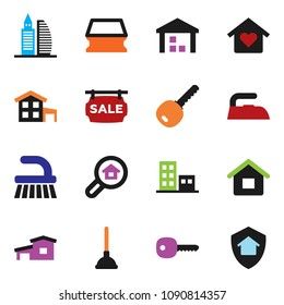 solid vector icon set - plunger vector, fetlock, sponge, iron, warehouse, key, house, cottage, sale signboard, apartments, office building, search estate, love home, protect