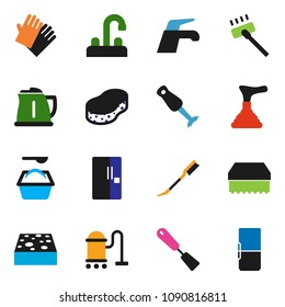 solid vector icon set  - plunger vector, water tap, vacuum cleaner, sponge, car fetlock, washing powder, rubber glove, kettle, spatula, blender, fridge