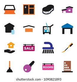 solid vector icon set - plunger vector, cleaner trolley, fetlock, sponge, car, window cleaning, house hold, dry cargo, warehouse, cottage, sale signboard, rooms, key, smart home, building