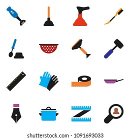 solid vector icon set - plunger vector, scraper, car fetlock, toilet brush, rubber glove, pan, colander, meat hammer, blender, pen, ruler, measuring, client search