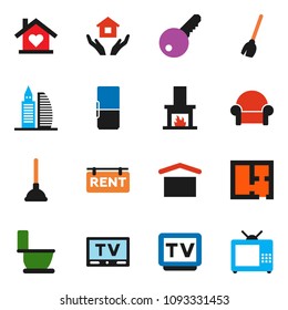 solid vector icon set - plunger vector, broom, toilet, house hold, dry cargo, tv, plan, rent signboard, office building, key, cushioned furniture, love home, fireplace, fridge