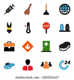 solid vector icon set - plunger vector, broom, sponge, spices, thermometer, manager, case, swimsuite, flammable, group, syringe, medical room, globe, stop, pond, 24 hour