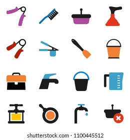 solid vector icon set - plunger vector, water tap, fetlock, bucket, pan, measuring cup, cook press, spatula, case, hand trainer, supply, basket
