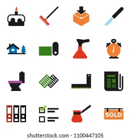 solid vector icon set - plunger vector, rake, toilet, turk coffee, cake, corner ruler, alarm clock, exam, binder, fitness mat, package, newspaper, scalpel, pills blister, chalet, sold signboard