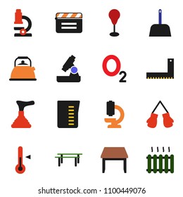 solid vector icon set - plunger vector, scoop, kettle, measuring cup, thermometer, corner ruler, microscope, horizontal bar, punching bag, boxing glove, oxygen, cinema clap, table, heating