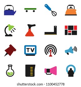 solid vector icon set - plunger vector, kettle, measuring cup, whisk, corner ruler, table lamp, paper pin, flask, skateboard, consolidated cargo, antenna, loudspeaker, tv, tomography