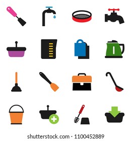 solid vector icon set - plunger vector, bucket, water tap, toilet brush, kettle, measuring cup, spatula, ladle, sieve, case, supply, shopping bag, basket