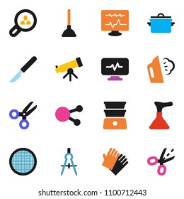 solid vector icon set - plunger vector, steaming, rubber glove, pan, double boiler, sieve, drawing compass, telescope, scissors, social media, scalpel, diagnostic monitor, client search, coupon