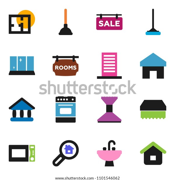 solid vector\
icon set - plunger vector, mop, sponge, car fetlock, shining\
window, sink, microwave oven, university, home, plan, sale\
signboard, rooms, search estate,\
building
