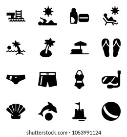 Solid vector icon set - pool vector, reading, uv cream, beach, palm, inflatable, flip flops, swimsuit, diving, shell, dolphin, sand castle, ball