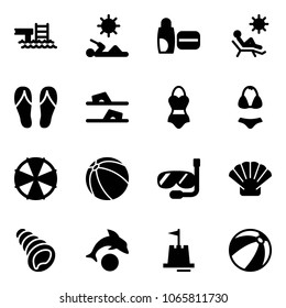 Solid vector icon set - pool vector, reading, uv cream, beach, flip flops, swimsuit, parasol, ball, diving, shell, dolphin, sand castle