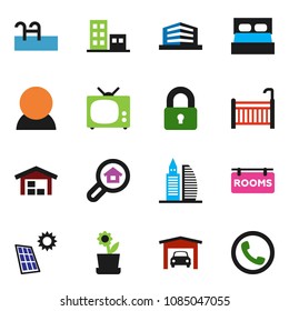 solid vector icon set - pool vector, solar panel, garage, barn, rooms signboard, apartments, office building, search estate, consumer, lock, crib, tv, flower in pot, phone