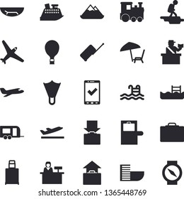 Solid vector icon set - pool flat vector, aircraft fector, train, trailer, hike, balloon, luggage, suitcase, baggage claim, passport control, check in, hotel first line, departure, get, hand