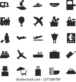 Solid vector icon set - pool flat vector, aircraft fector, train, trailer, hike, balloon, luggage, suitcase, baggage claim, passport control, hotel first line, departure, get, sea beach, flippers