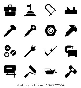 Solid vector icon set - portfolio vector, pyramid flag, fretsaw, jointer, nail, screw, nut, rivet, wood drill, scythe, machine tool, jig saw, paint roller, oiler, toy hammer