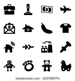 Solid vector icon set - portfolio vector, pawn, money, plane, mail dollar, home, banana, t shirt, wireless, connect, plant, nail dowel, robot, beanbag, bear toy, duck