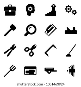 Solid vector icon set - portfolio vector, brain work, success, gear, rubber hammer, magnifier, trowel, jointer, bolt cutter, scissors, staple, hoe, farm fork, generator, trailer, allen key set