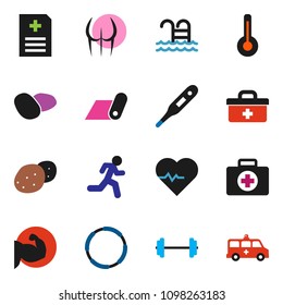 solid vector icon set - potato vector, barbell, heart pulse, muscule, buttocks, fitness mat, pool, first aid kit, hoop, run, doctor bag, thermometer, anamnesis, ambulance car