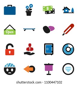 solid vector icon set - potato vector, presentation, pie graph, case, safe, skateboard, client, thermometer, head bandage, arrow, chalet, unlock, flower in pot, cash, open, diamond ring