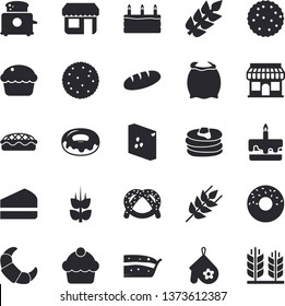 Solid vector icon set - potholder flat vector, toaster, flour, groats, ear, biscuit, pancakes, bagel, croissant, cake, bread, cupcake, piece of, donut, pie, store front
