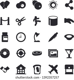 Solid vector icon set - potholder flat vector, donut, dish, chop, cocktail, scrambled eggs, cranberry, sandwich, pipe production, hospital, clock, reading lamp, target, agreement, pen, vitamins, sun