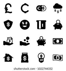 Solid vector icon set - pound vector, cent, euro dollar, money rain, safe, smile, atm, piggy bank, investment, cash pay, home, bag, business idea