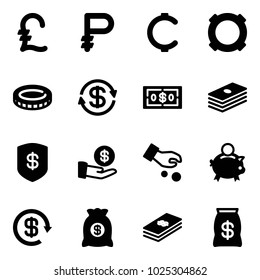 Solid vector icon set - pound vector, ruble, cent, currency, coin, dollar exchange, safe, investment, piggy bank, reload, money bag
